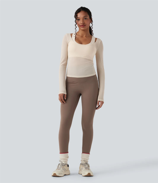 Sheer Mesh U-Neck Long Sleeve Top & Push-Up Racerback Sports Bra