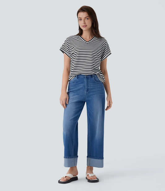 V Neck Stripe Waffle Relax Work Tee