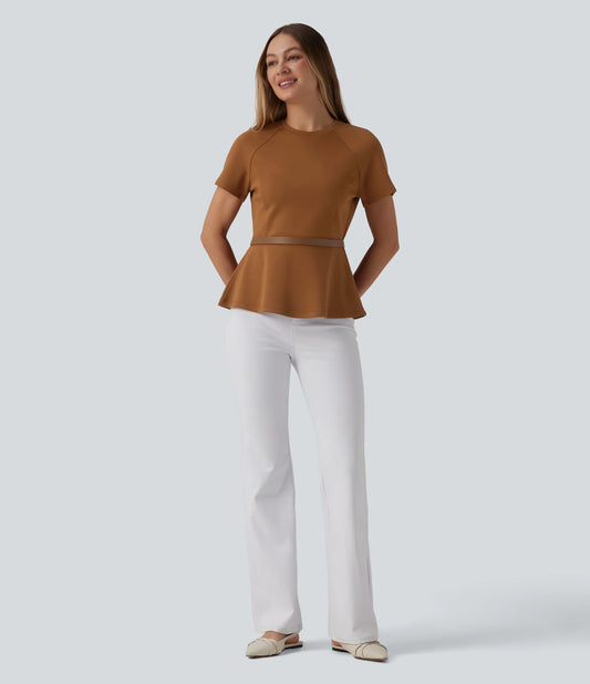 Round Neck Short Sleeve Work Peplum Top