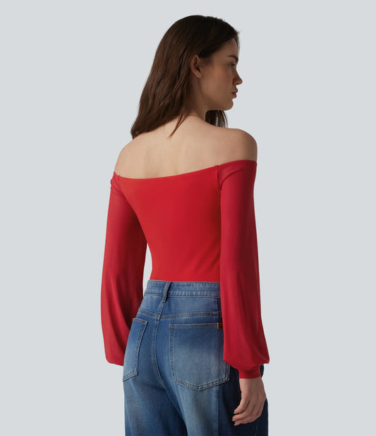 SoftlyZero™ Airy Off-Shoulder Long Sleeve Breathable Mesh Built-in Bra InstantCool Casual T-Shirt-UPF50+