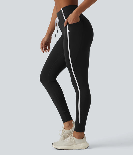 High Waisted Drawstring Tummy Control Color Block Stripe 7/8 Yoga Leggings with Pockets