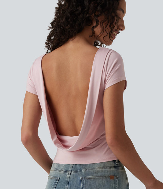 Boat Neck Short Sleeve Cowl Back Casual T-Shirt