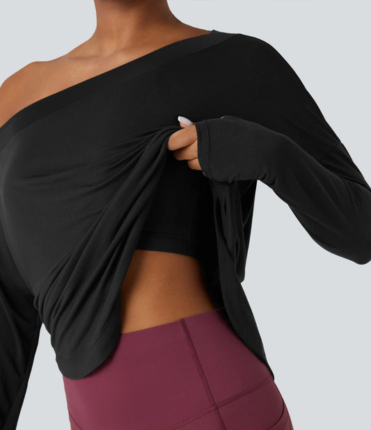 One Shoulder Long Sleeve Thumb Hole Curved Hem High Low Quick Dry Yoga Sports Top-Built-in Bra