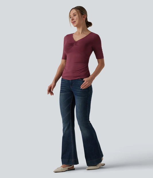 V Neck Short Sleeve Ruched Casual T-Shirt