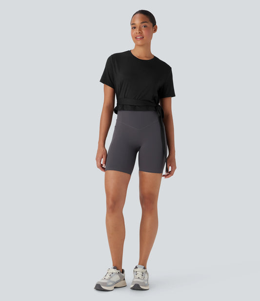 Round Neck Short Sleeve Tie Side Yoga Sports Top
