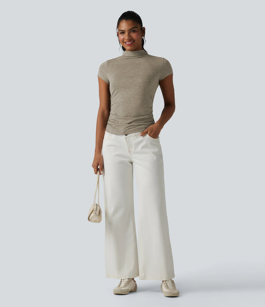 Mock-neck Short Sleeve Ruched Casual T-Shirt