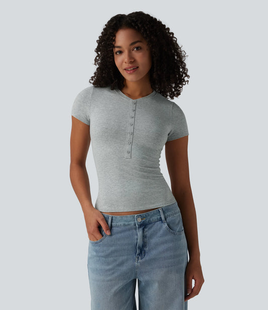 Halara Cotton Jersey Henley Short Sleeve Ultra-slim Casual T-Shirt
