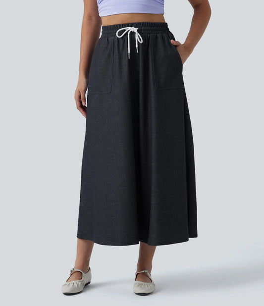High Waisted Drawstring Midi Denim Like Casual A-line Skirt with Pockets