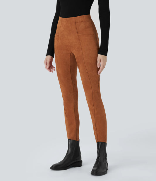High Waisted Tummy Control Pocket Suede Casual Leggings