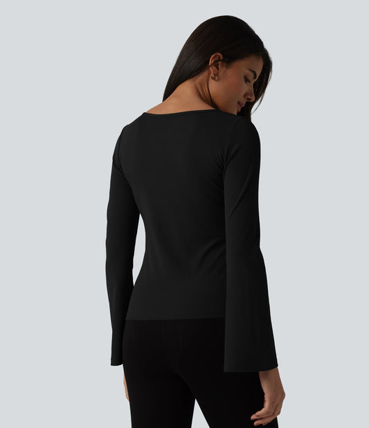 Ribbed Knit Boat Neck Flounce Long Sleeve Casual T-Shirt