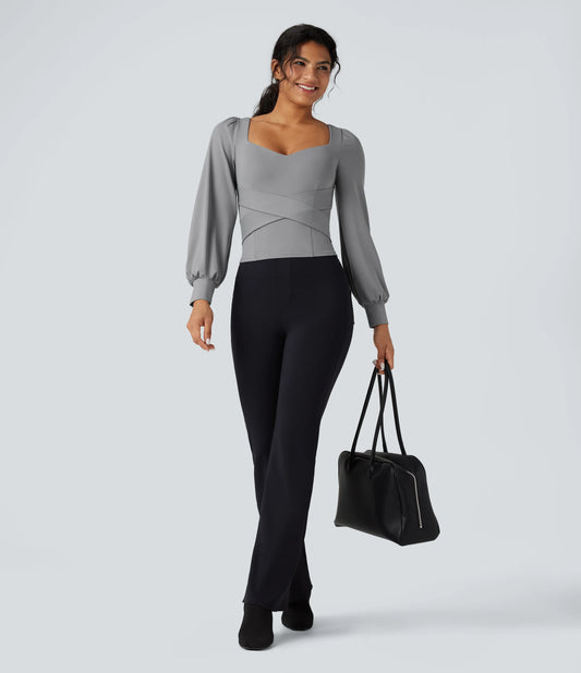 Push-Up Molded Cups Sweetheart Neck Puff Sleeve Crossover Work Top A/B Cup