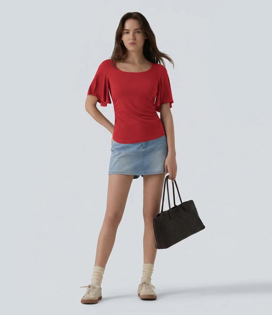 Ribbed Square Neck Butterfly Sleeve Ruched Casual T-Shirt