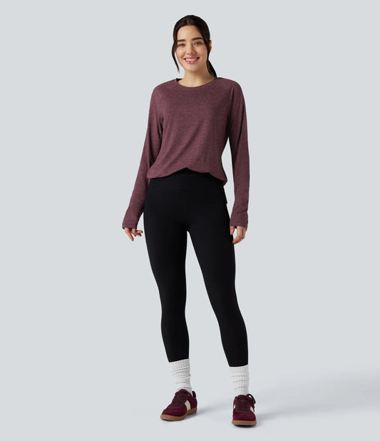 Skin Friendly Round Neck Raglan Long Sleeve Split Hem Casual T-Shirt