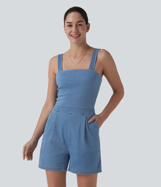 Halara Flex™ Denim Square Neck Sleeveless Casual Romper with Pockets-Easy Peezy