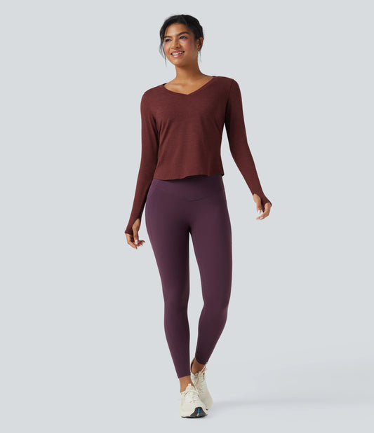 Heathered V-neck Long Sleeve Thumb Holes Curved Hem Yoga Sports Tops