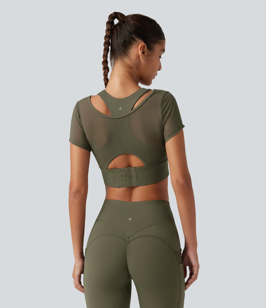 Boat Neck Built-in Bra Short Sleeve Contrast Mesh Cool Touch Quick Dry Cropped Running Sports Top-UPF50+
