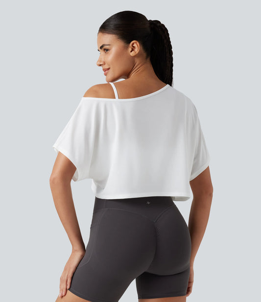 One Shoulder Short Sleeve Built-in Bra Quick Dry 2-Piece Cropped Yoga Sports Top