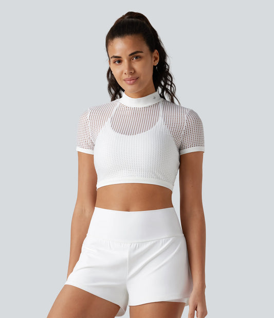 Mock Neck Short Sleeve Eyelet Cropped Running Sports Top-No Sports Bra Included