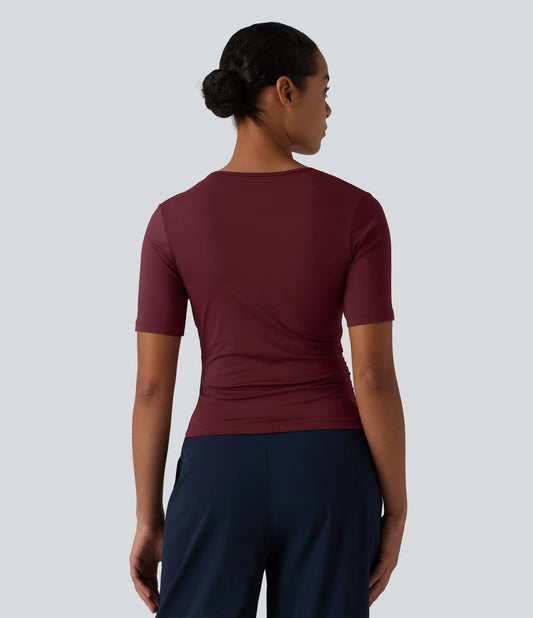 Asymmetric Neck Short Sleeve Ruched Casual T-Shirt