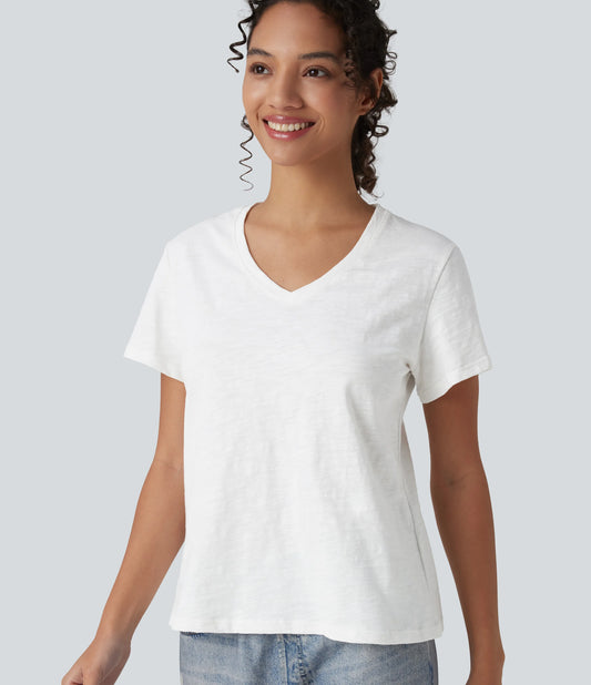 V-neck Short Sleeve Relaxed Casual Slubbed Cotton T-Shirt