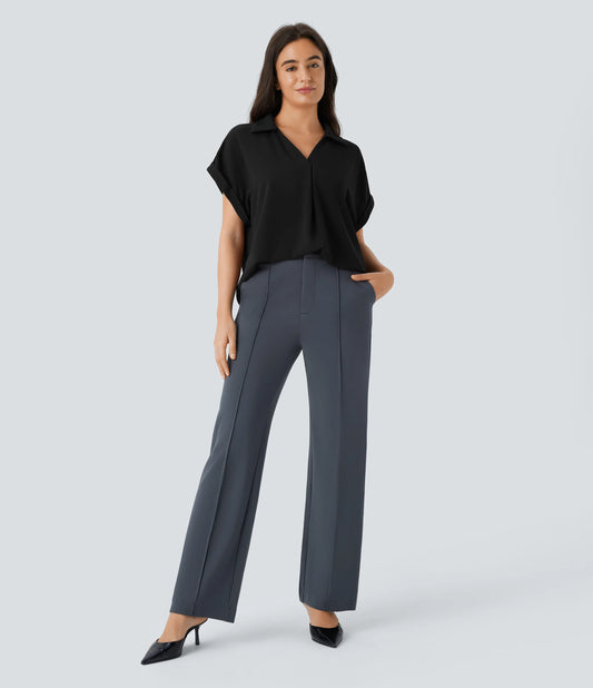V Neck Short Sleeve Curved Hem Work Shirt
