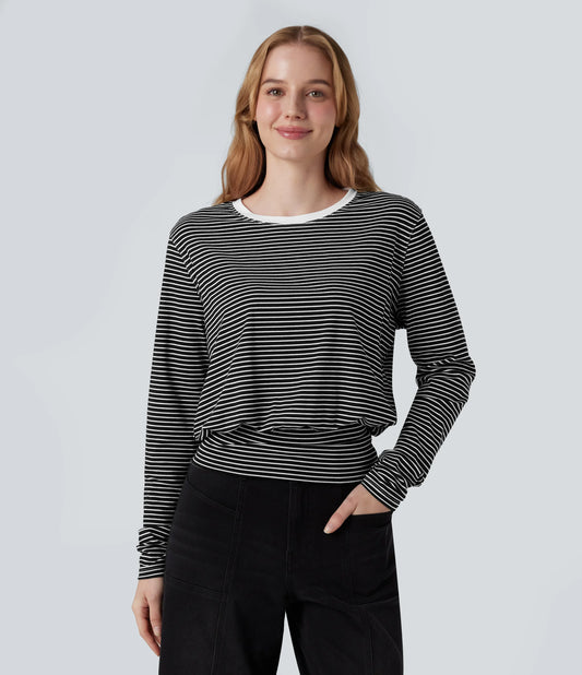 Round Neck Long Sleeve Stripe Casual T-Shirt