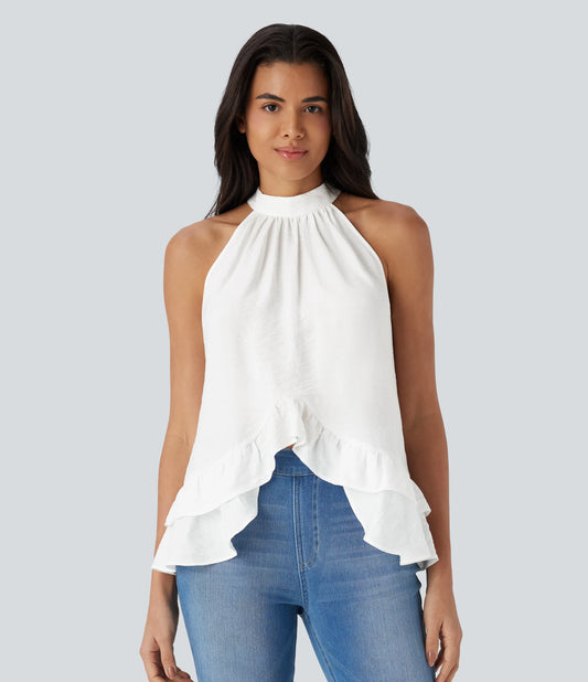 Mock Neck Sleeveless Asymmetric Ruffle Hem Casual Top