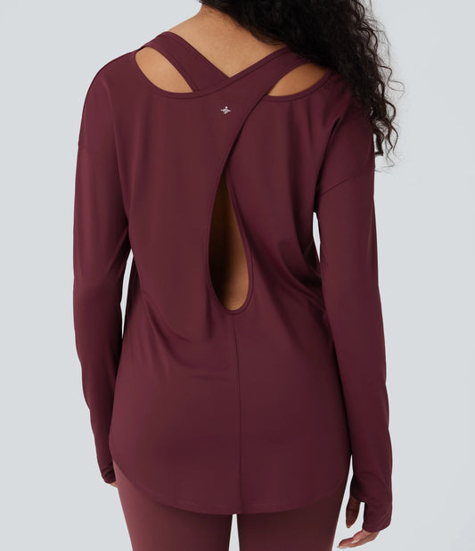 Notched Long Sleeve Thumb Hole Cut Out High Low Yoga Sports Top