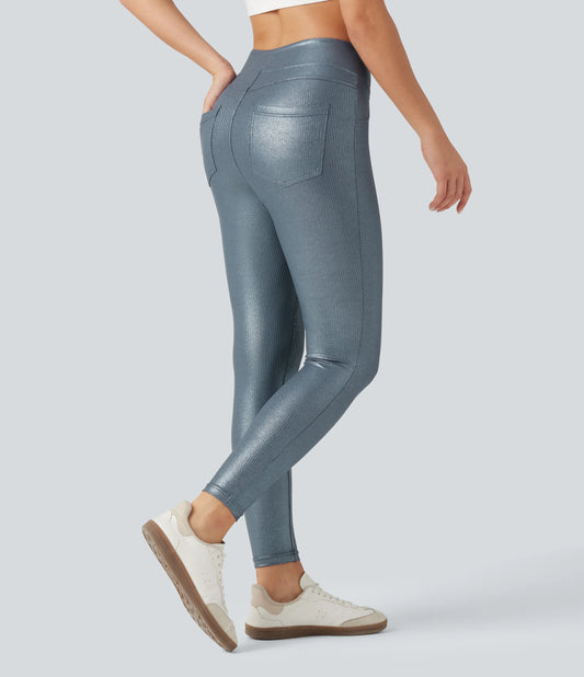Ribbed Knit High Waisted Foil Print Yoga Leggings with Pockets