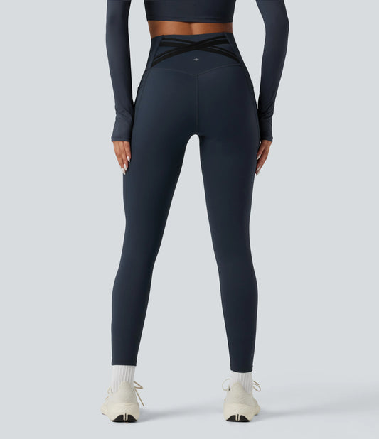 Halara Ultrasculpt™ Heat High Waisted Tummy Control Crossover Back Fleece Running Leggings with Pockets