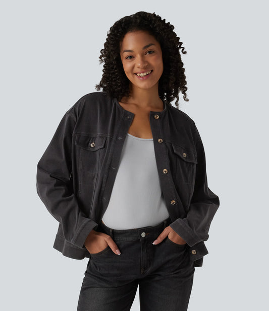 Halara Flex™ Round Neck Long Sleeve Denim Casual Jacket with Pockets