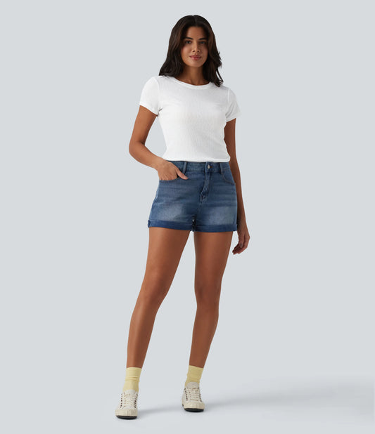 Semi Sheer Ribbed Knit Round Neck Short Sleeve Casual T-Shirt