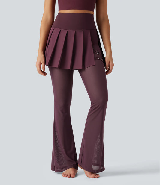 Breezeful™ High Waisted Pleated 2-in-1 Contrast Mesh Quick Dry Flare Dance Skirted Leggings with Pockets