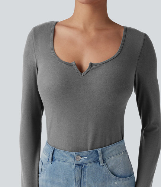 Push-Up Molded Cups Notched Long Sleeve Casual Warming Top A/B Cup