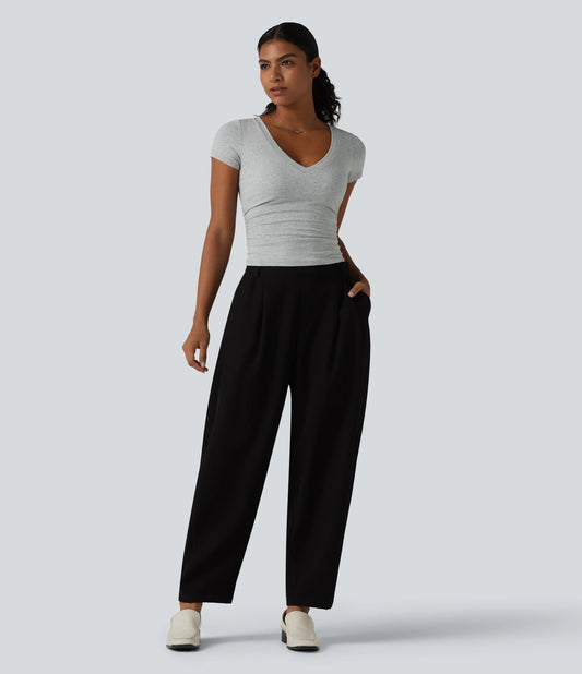 Halara Cotton Jersey V Neck Short Sleeve Built-in Bra Push Up Ruched Casual T-Shirt