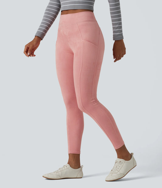 High Waisted Suede Casual Leggings with Pockets