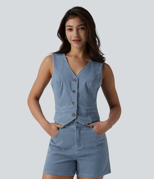 Halara Flex™ Deep V-neck Button Fly Stripes Denim Casual Vest