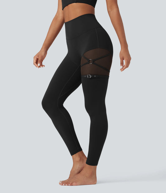 SoftlyZero™ High Waisted Contrast Mesh Adjustable Buckle Dance Leggings with Pocket-UPF50+