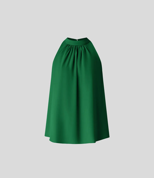 Keyhole Back Halter Sleeveless Curved Hem Work Blouse