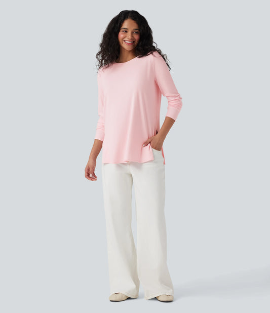 Ribbed Knit Long Sleeve Split Hem Casual T-Shirt