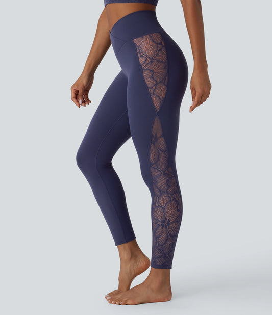 SoftlyZero™ High Waisted Crossover Contrast Lace Built-in Underwear Yoga Leggings with Pocket-UPF50+