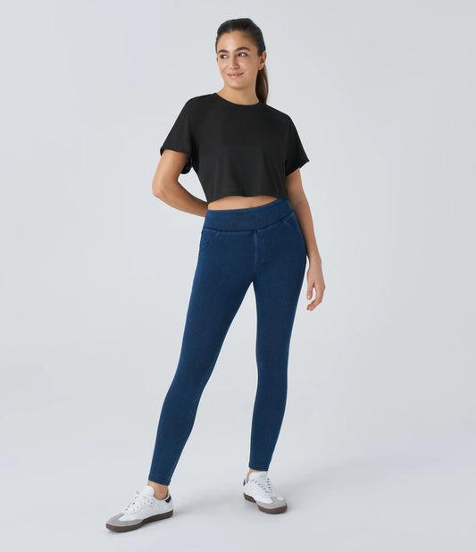 Raglan Sleeve Solid Cropped Waffle Casual Tee