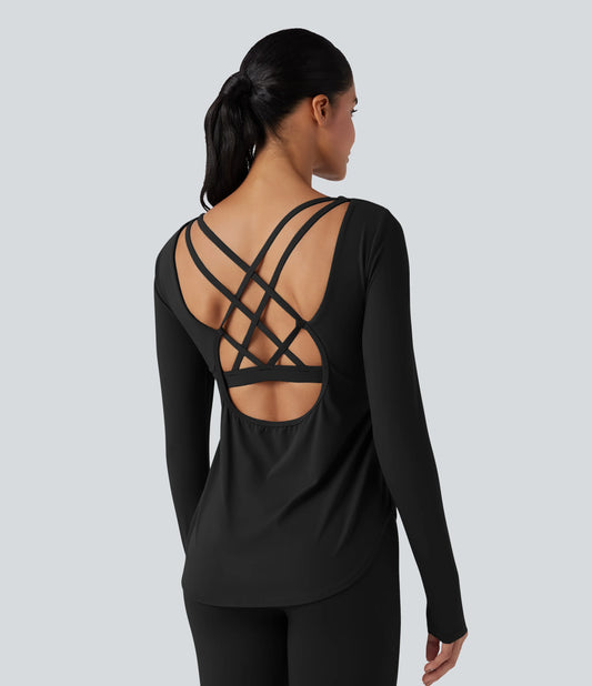 Halara UltraSculpt™ Crisscross Backless Long Sleeve Curved Hem Training Sports Top