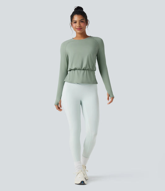 SoftlyZero™ Airy Round Neck Long Sleeve Thumb Hole Pleated InstantCool Yoga Sports Top-UPF50+