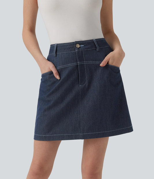 High Waisted Mini 2-in-1 Denim-Like Casual A-line Skirt with Pockets