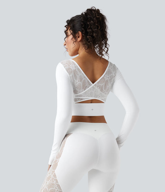 SoftlyZero™ Push-Up Long Sleeve Thumb Hole Contrast Lace Cropped Yoga Sports Top-UPF50+