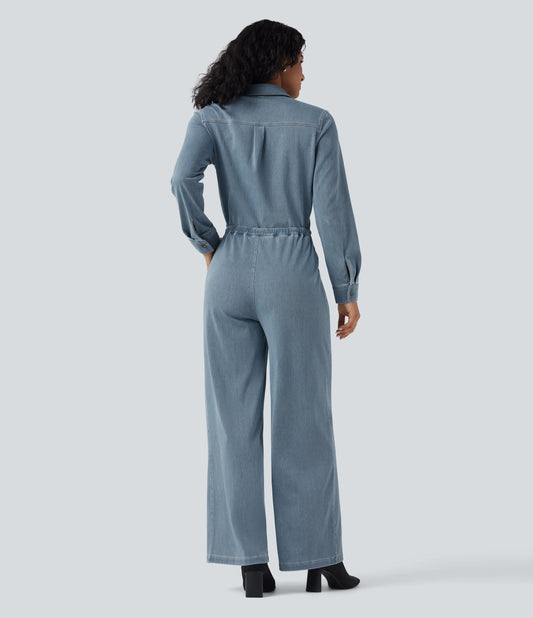 Halara Flex™ Long Sleeve Drawstring Wide Leg Washed Denim Casual Jumpsuit with Pockets-Easy Peezy Edition