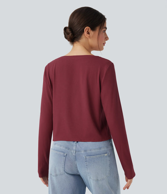 Ribbed Knit Henley Neck Long Sleeve Casual Top