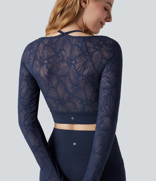 SoftlyZero™ Contrast Lace Halter Long Sleeve Thumb Holes Cropped Yoga Top