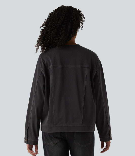 Halara Flex™ Round Neck Long Sleeve Denim Casual Jacket with Pockets